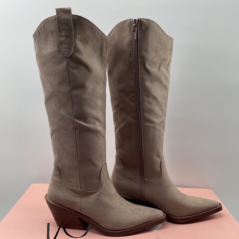 Wild Pair Womens Taupe Faux Suede Pointed Toe Tall Western Cowboy Boots